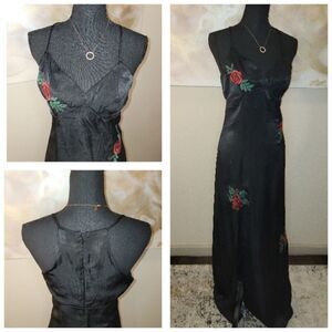 Long Black Silky Slit Dress with Embroidered Roses 🌹
